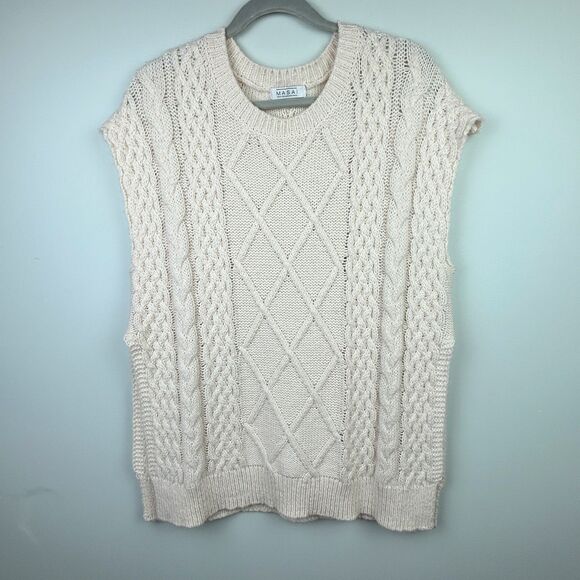 Masai Pullover Sweater Vest Sleeveless Cable Knit Fisherman Top Cream Crewneck L - Picture 1 of 9